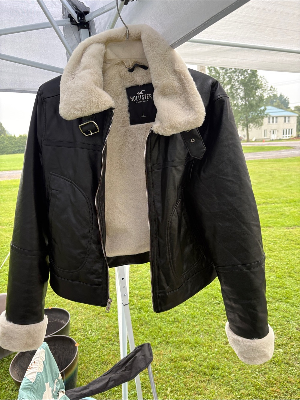 Hollister Black Leather Jacket with Cream Shearling Lining